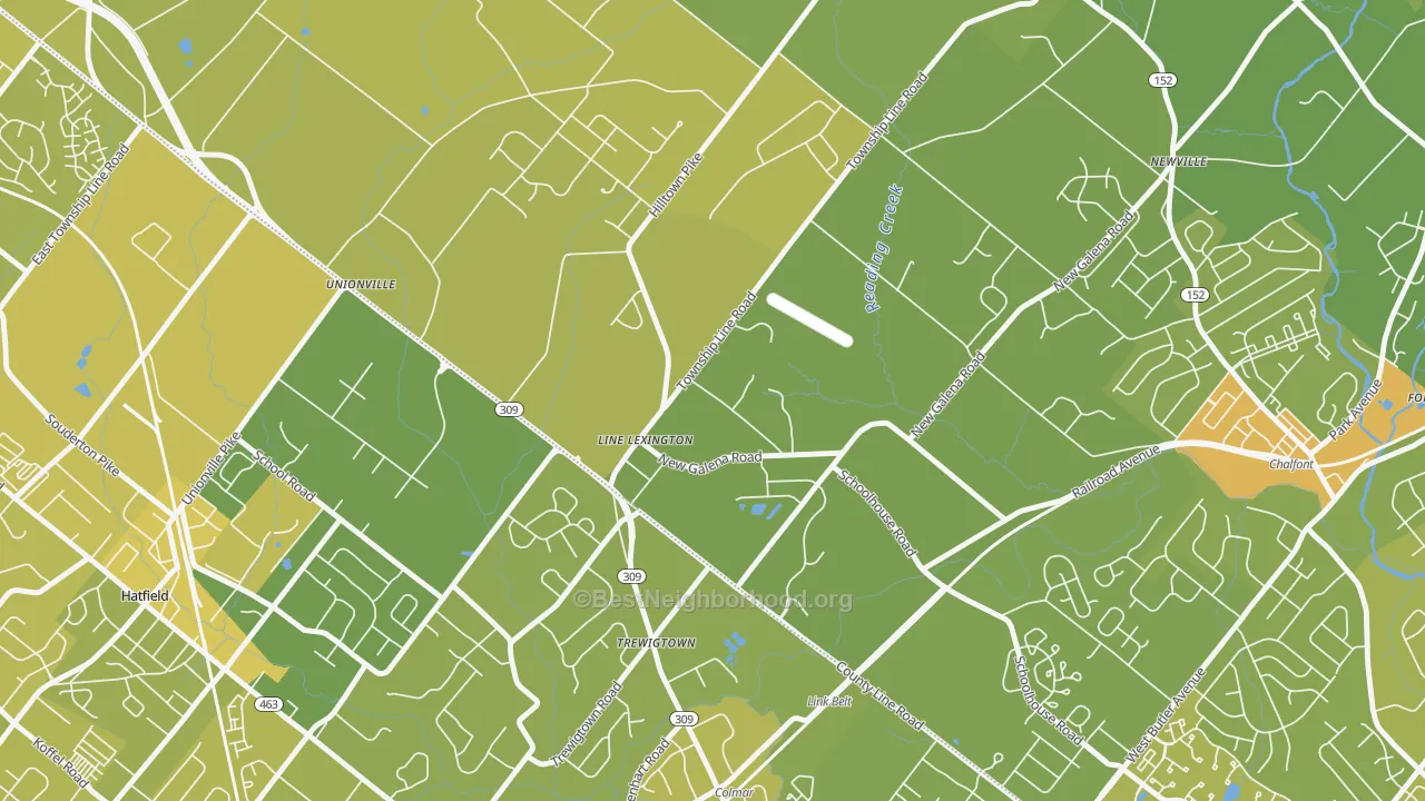 Map of the best neighborhoods in the 18932 area, with better matches in green and worse matches in red