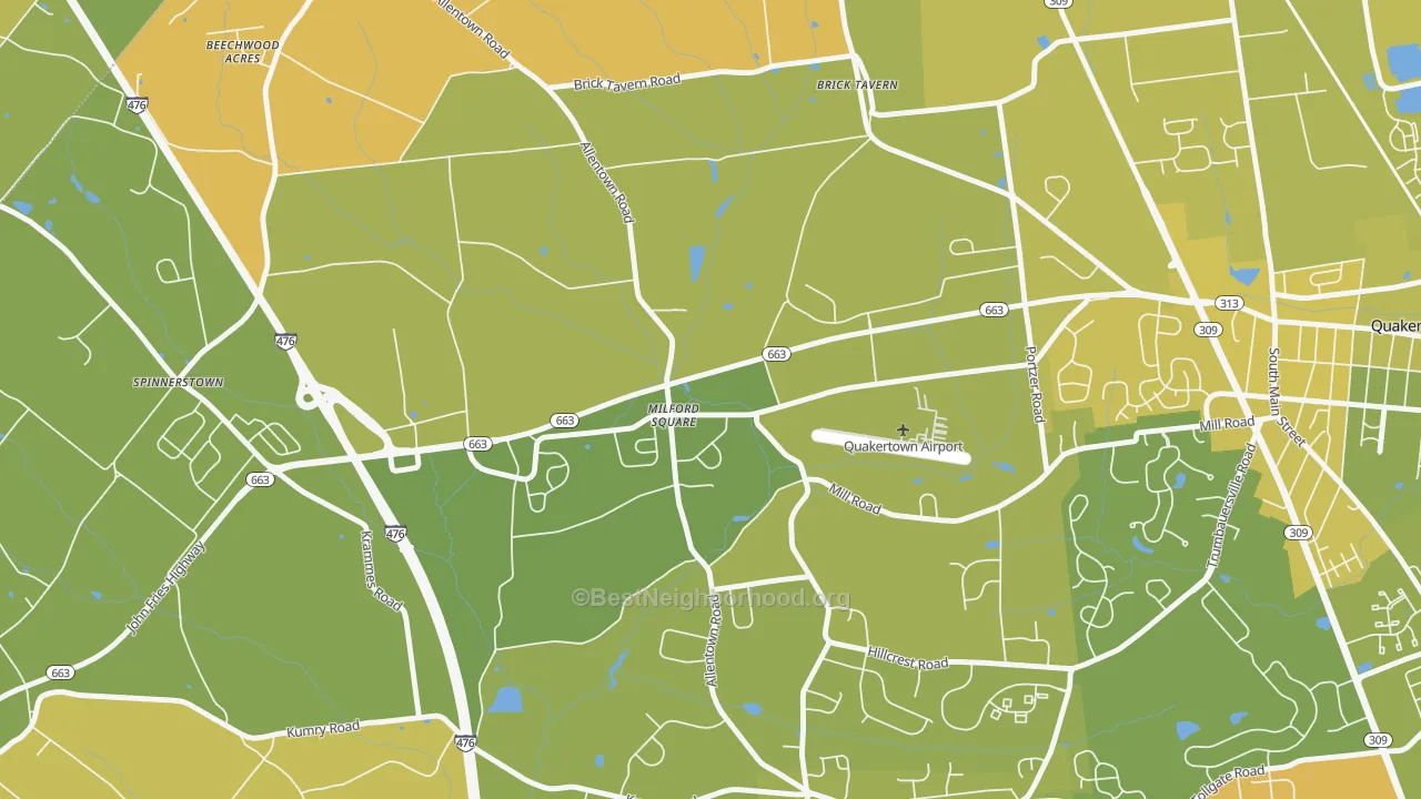 Map of the best neighborhoods in the 18935 area, with better matches in green and worse matches in red