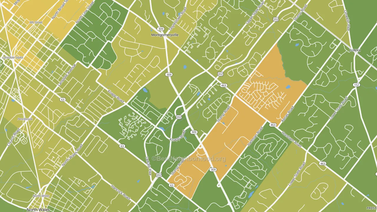 Map of the best neighborhoods in the 18936 area, with better matches in green and worse matches in red