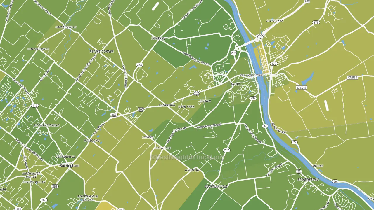 Map of the best neighborhoods in the 18938 area, with better matches in green and worse matches in red