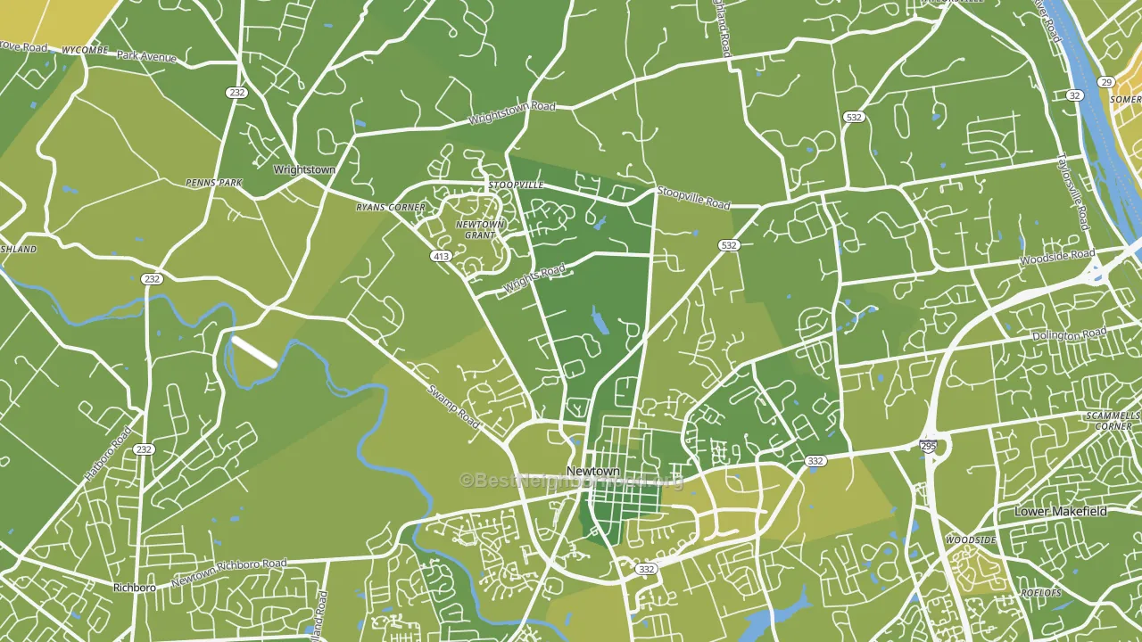 Map of the best neighborhoods in the 18940 area, with better matches in green and worse matches in red