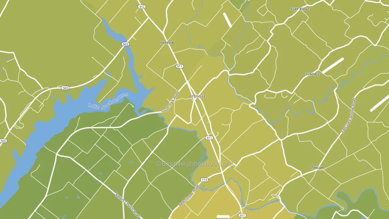 Map of the best neighborhoods in the 18942 area, with better matches in green and worse matches in red