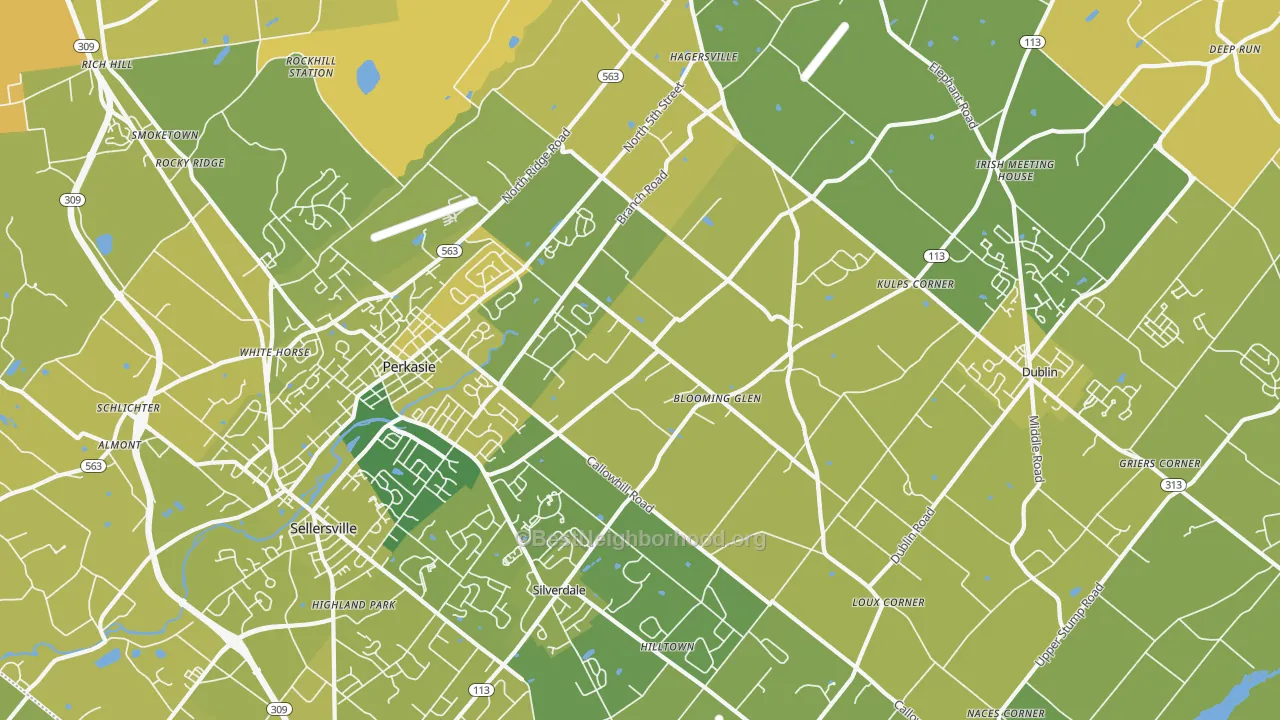 Map of the best neighborhoods in the 18944 area, with better matches in green and worse matches in red