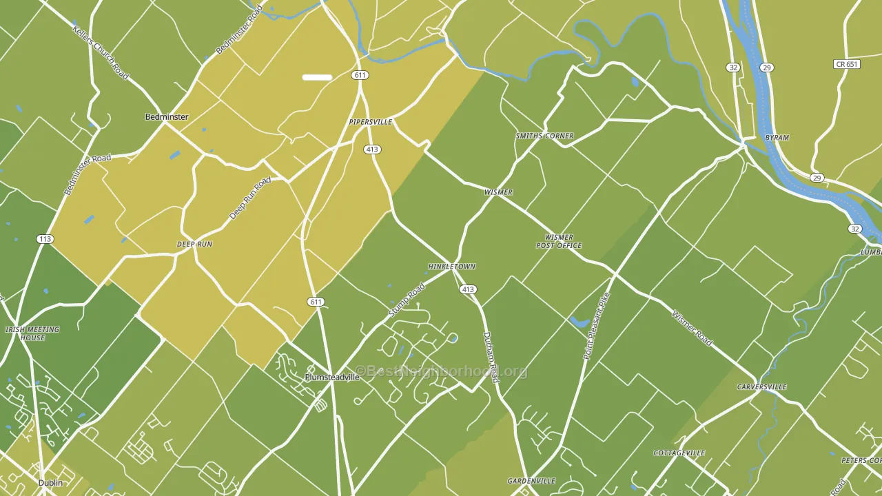 Map of the best neighborhoods in the 18947 area, with better matches in green and worse matches in red