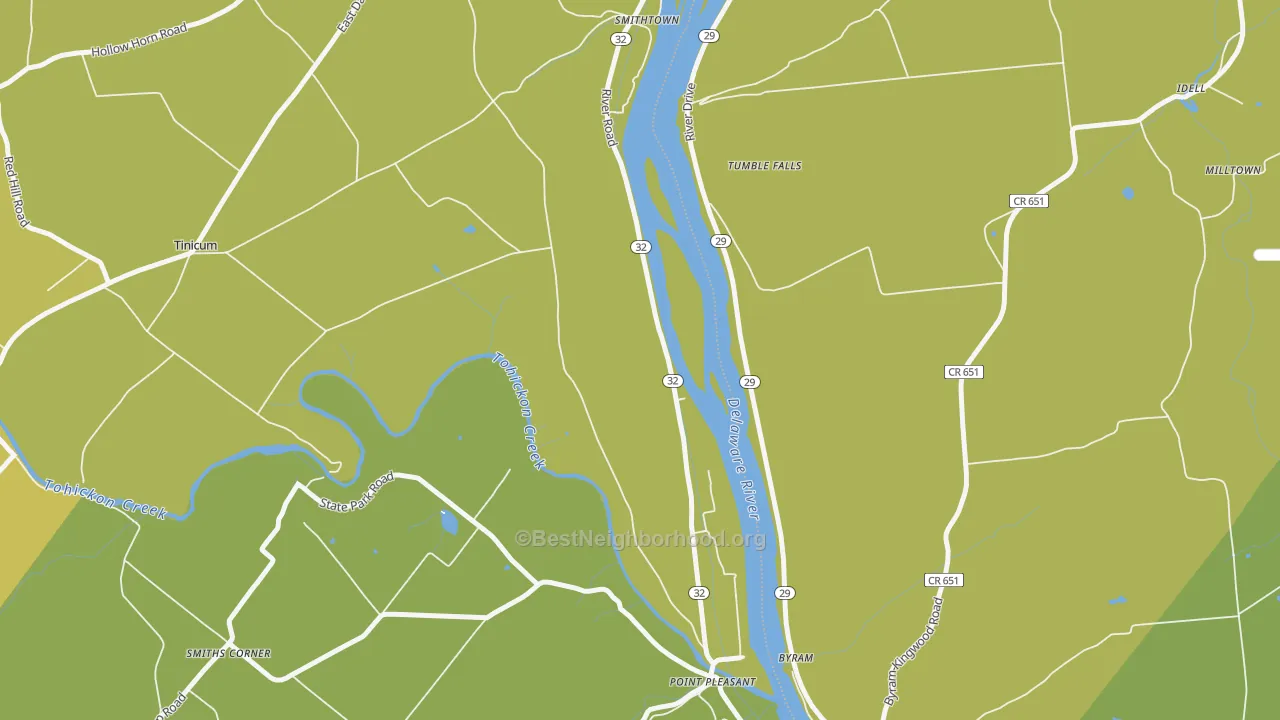 Map of the best neighborhoods in the 18950 area, with better matches in green and worse matches in red