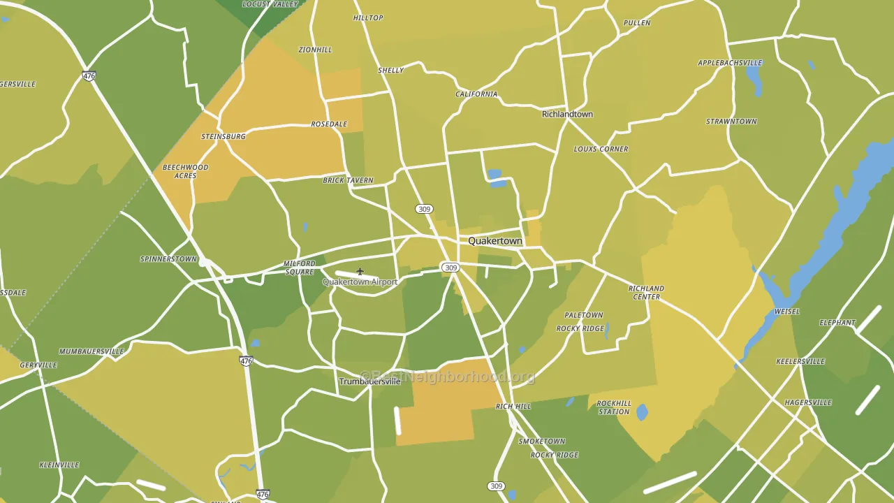 Map of the best neighborhoods in the 18951 area, with better matches in green and worse matches in red