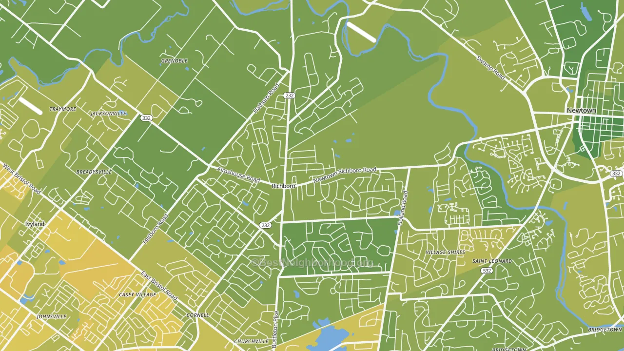 Map of the best neighborhoods in the 18954 area, with better matches in green and worse matches in red
