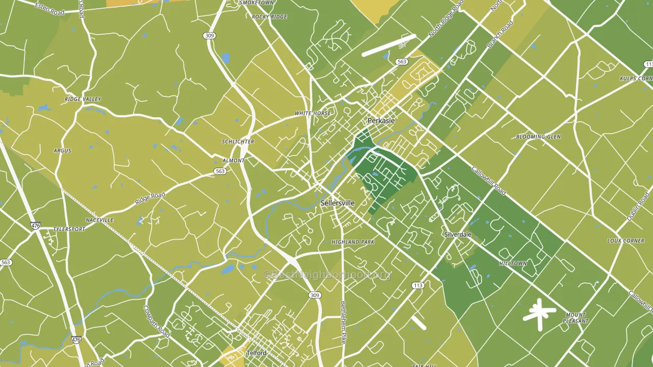 Map of the best neighborhoods in the 18960 area, with better matches in green and worse matches in red