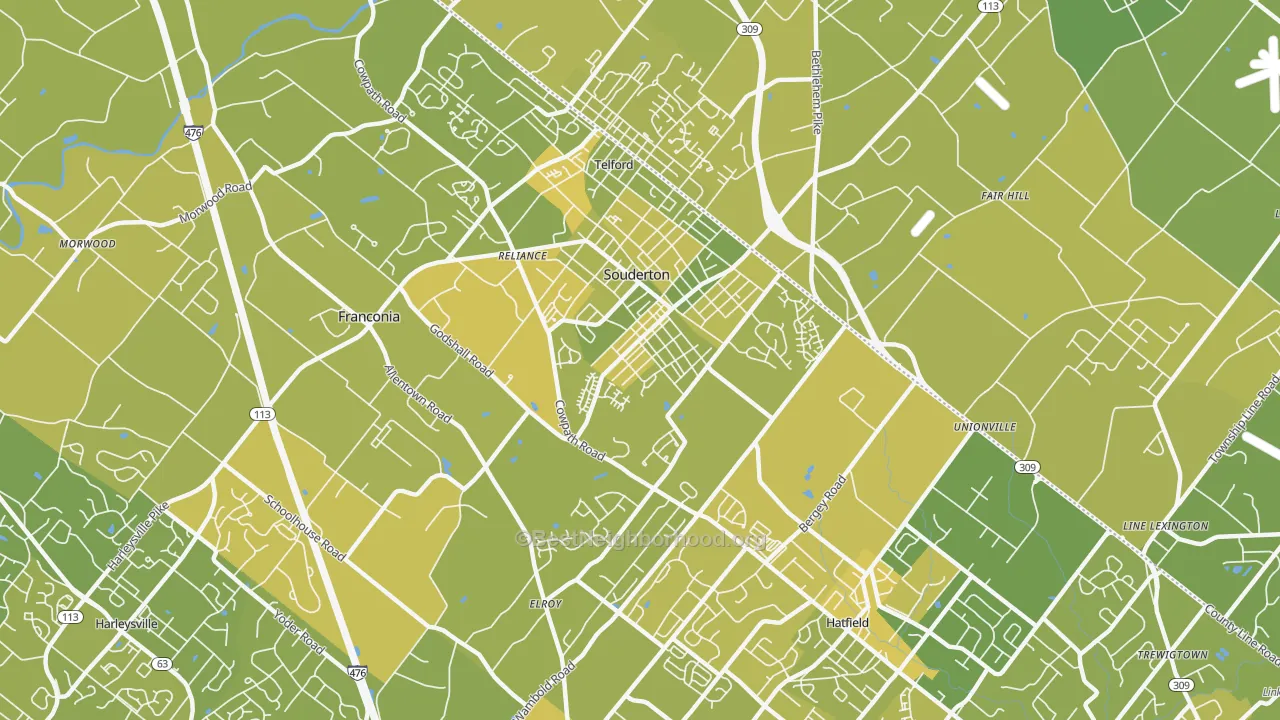 Map of the best neighborhoods in the 18964 area, with better matches in green and worse matches in red