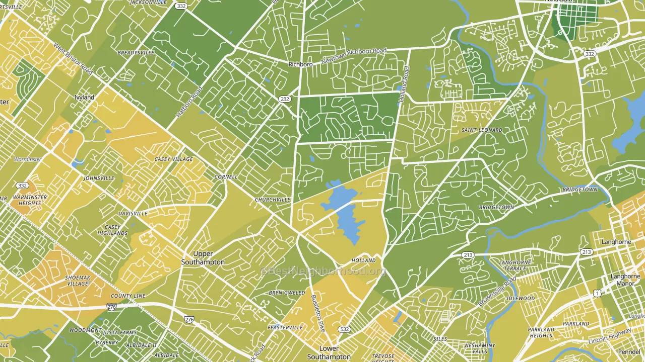 Map of the best neighborhoods in the 18966 area, with better matches in green and worse matches in red