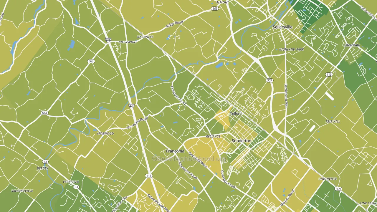 Map of the best neighborhoods in the 18969 area, with better matches in green and worse matches in red