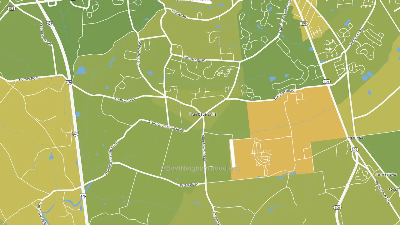 Map of the best neighborhoods in the 18970 area, with better matches in green and worse matches in red