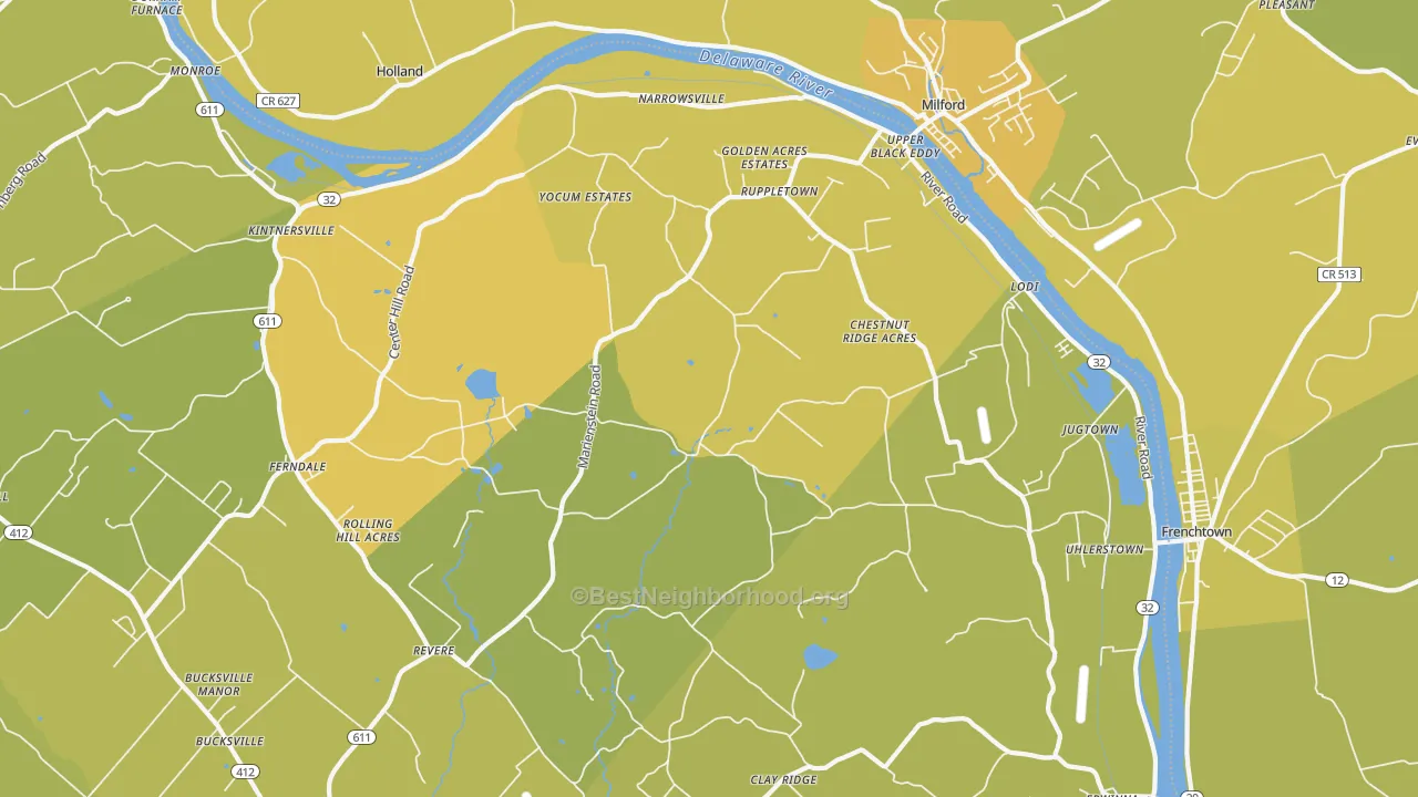 Map of the best neighborhoods in the 18972 area, with better matches in green and worse matches in red