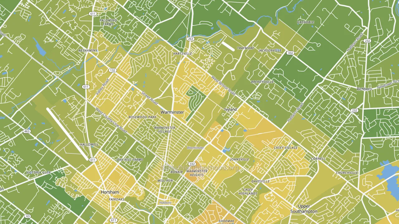 Map of the best neighborhoods in the 18974 area, with better matches in green and worse matches in red