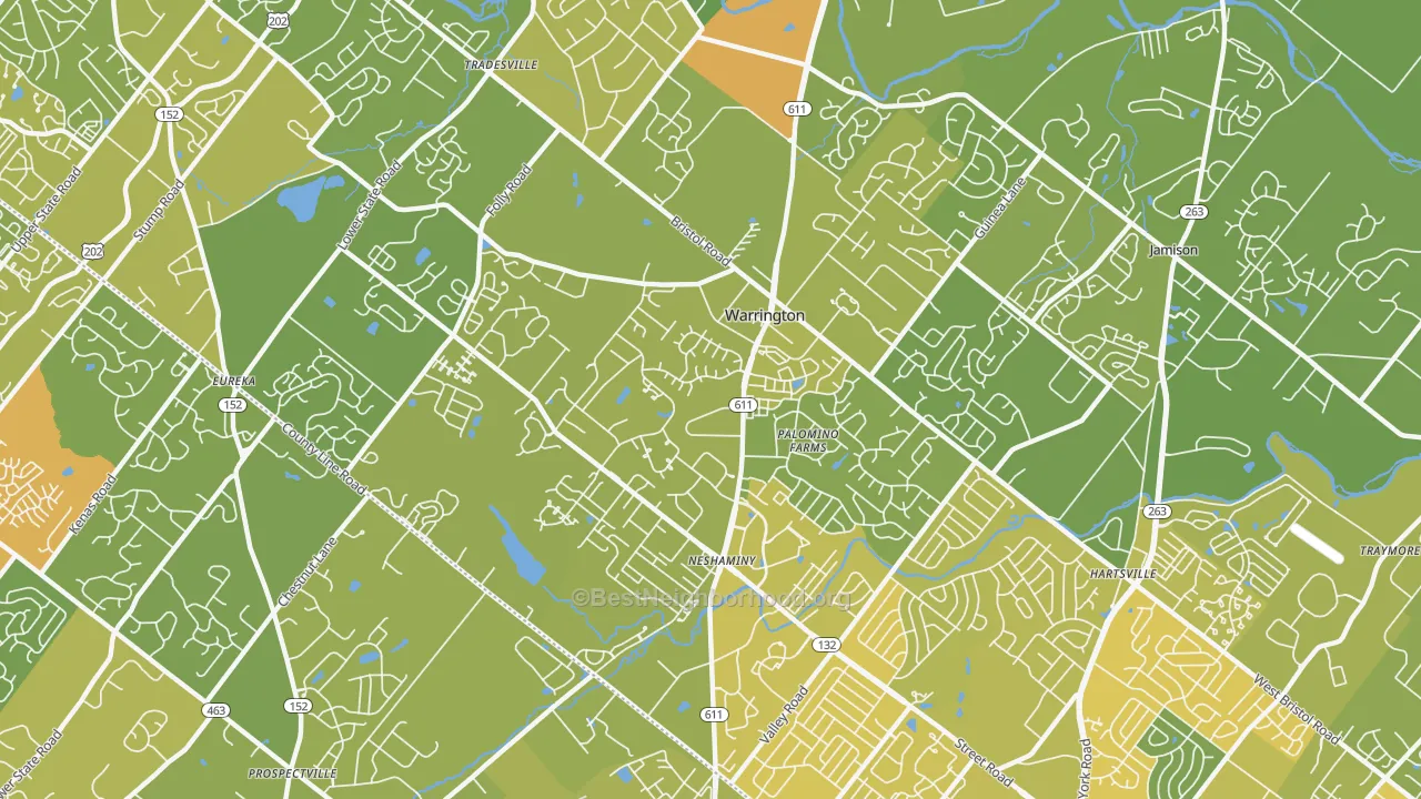 Map of the best neighborhoods in the 18976 area, with better matches in green and worse matches in red