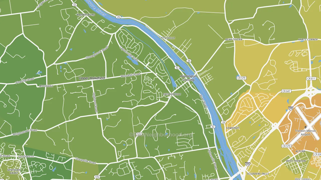 Map of the best neighborhoods in the 18977 area, with better matches in green and worse matches in red