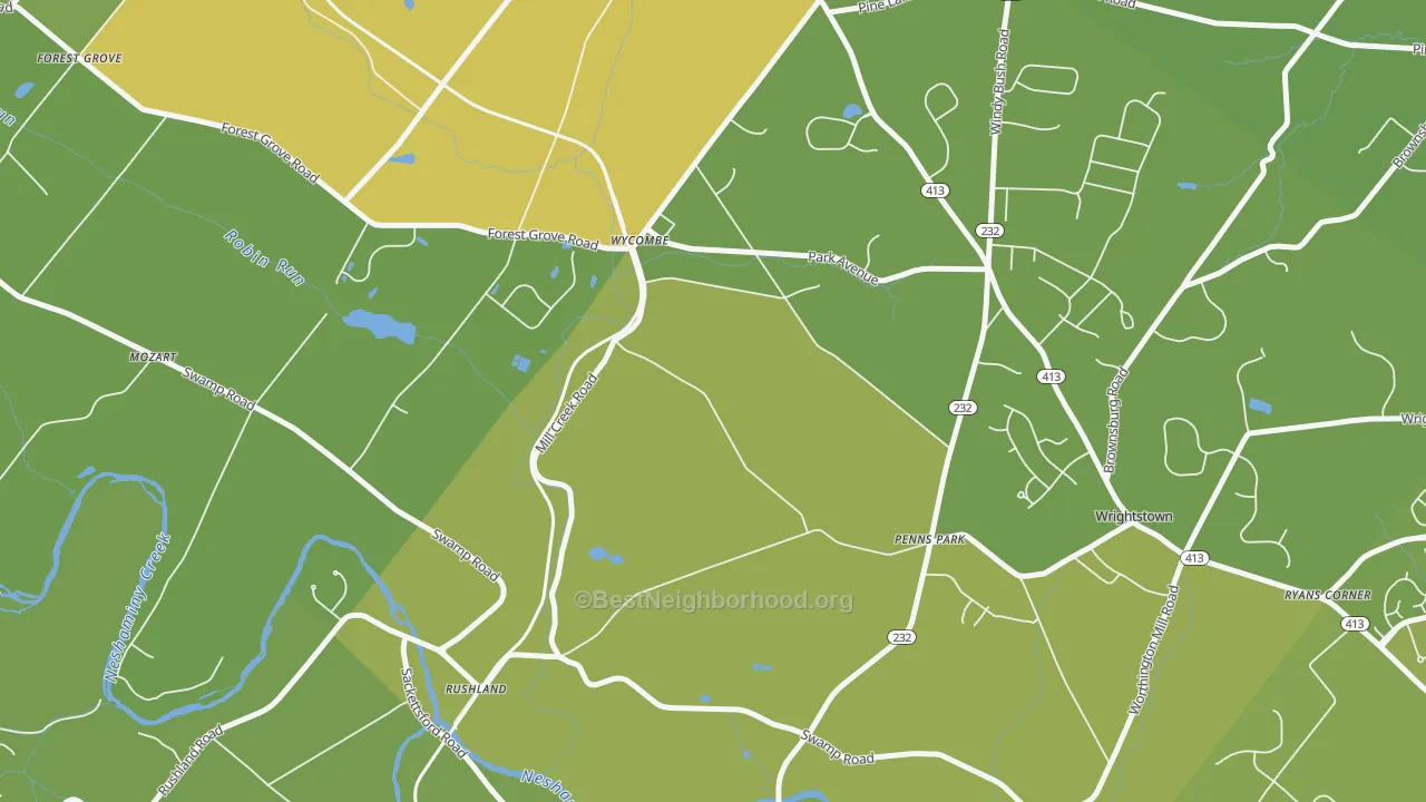 Map of the best neighborhoods in the 18980 area, with better matches in green and worse matches in red