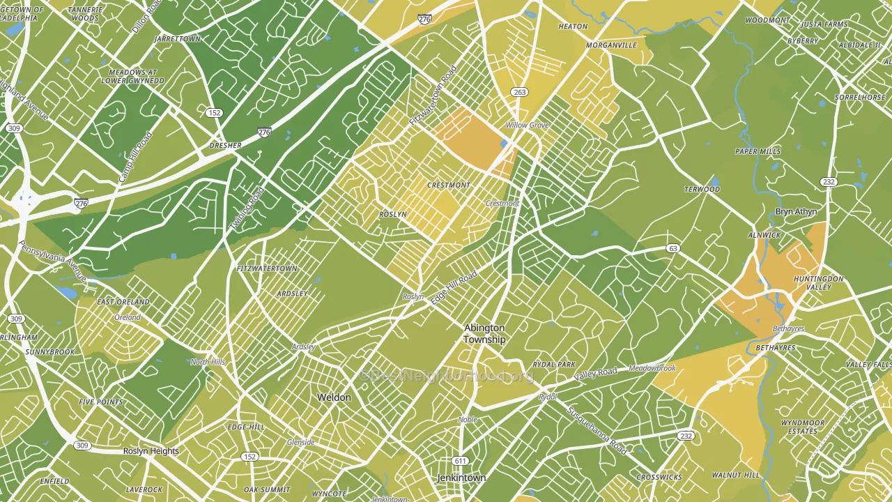 Map of the best neighborhoods in the 19001 area, with better matches in green and worse matches in red