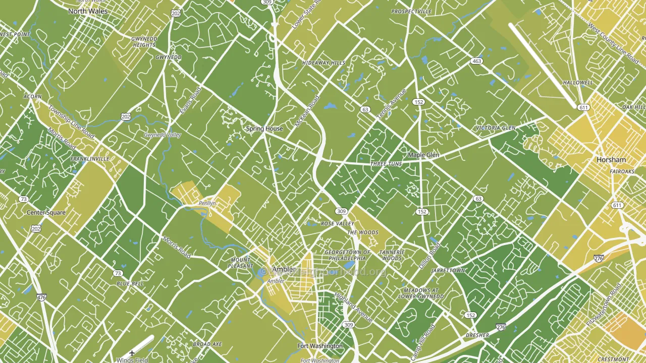 Map of the best neighborhoods in the 19002 area, with better matches in green and worse matches in red