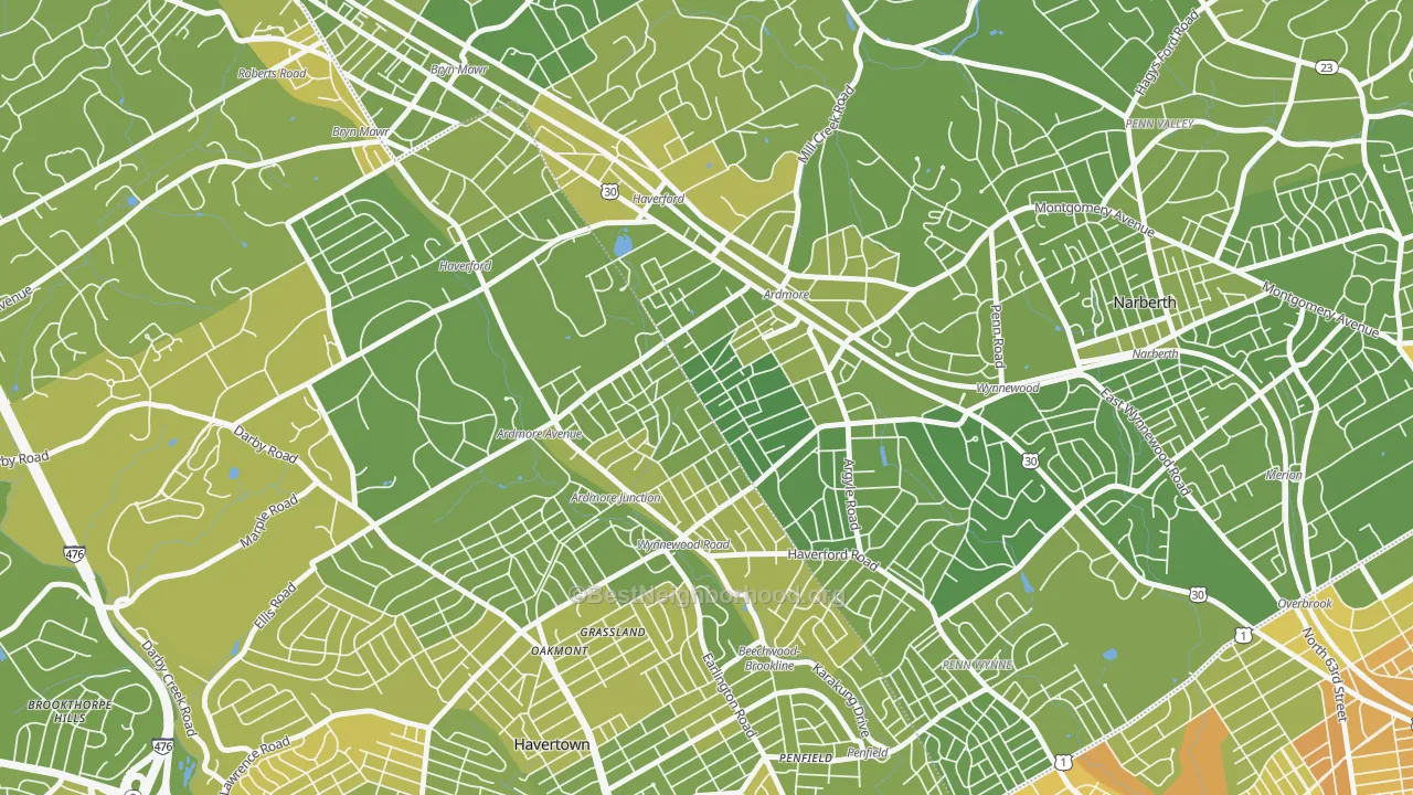 Map of the best neighborhoods in the 19003 area, with better matches in green and worse matches in red
