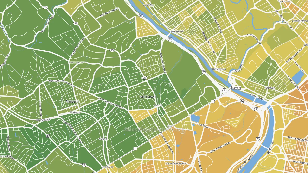 Map of the best neighborhoods in the 19004 area, with better matches in green and worse matches in red