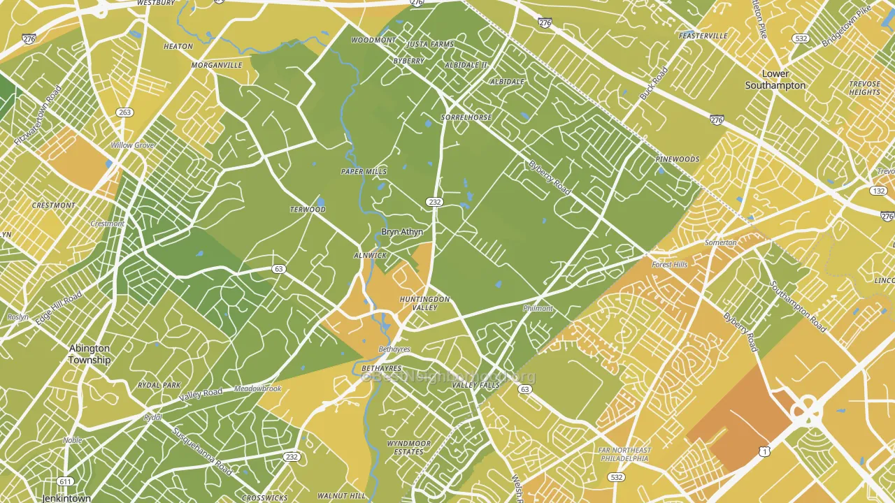 Map of the best neighborhoods in the 19006 area, with better matches in green and worse matches in red