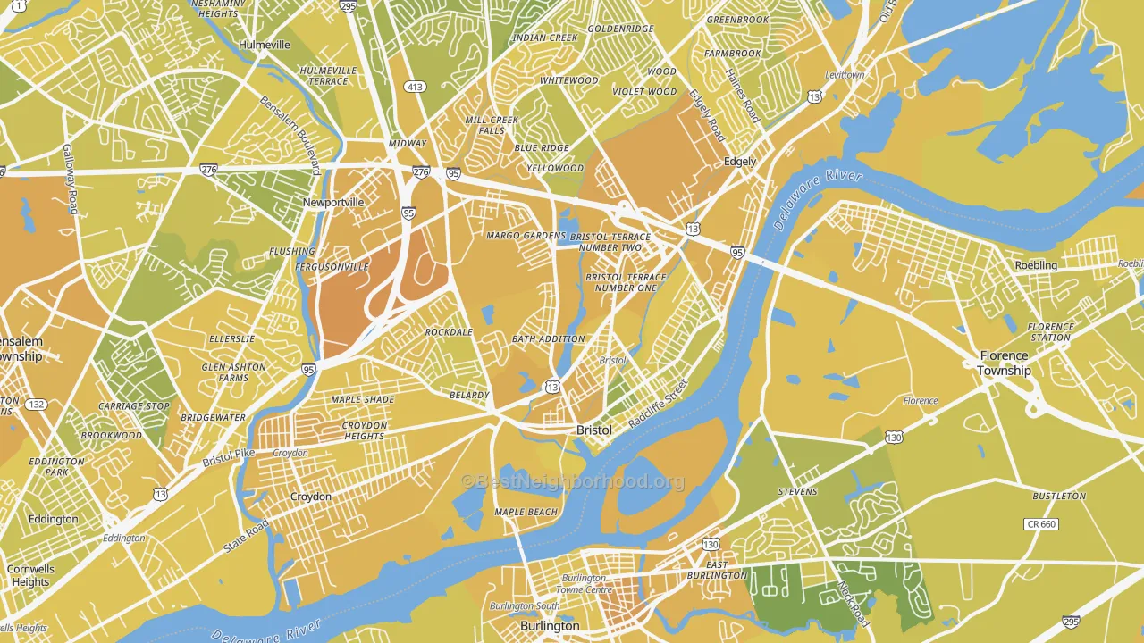 Map of the best neighborhoods in the 19007 area, with better matches in green and worse matches in red