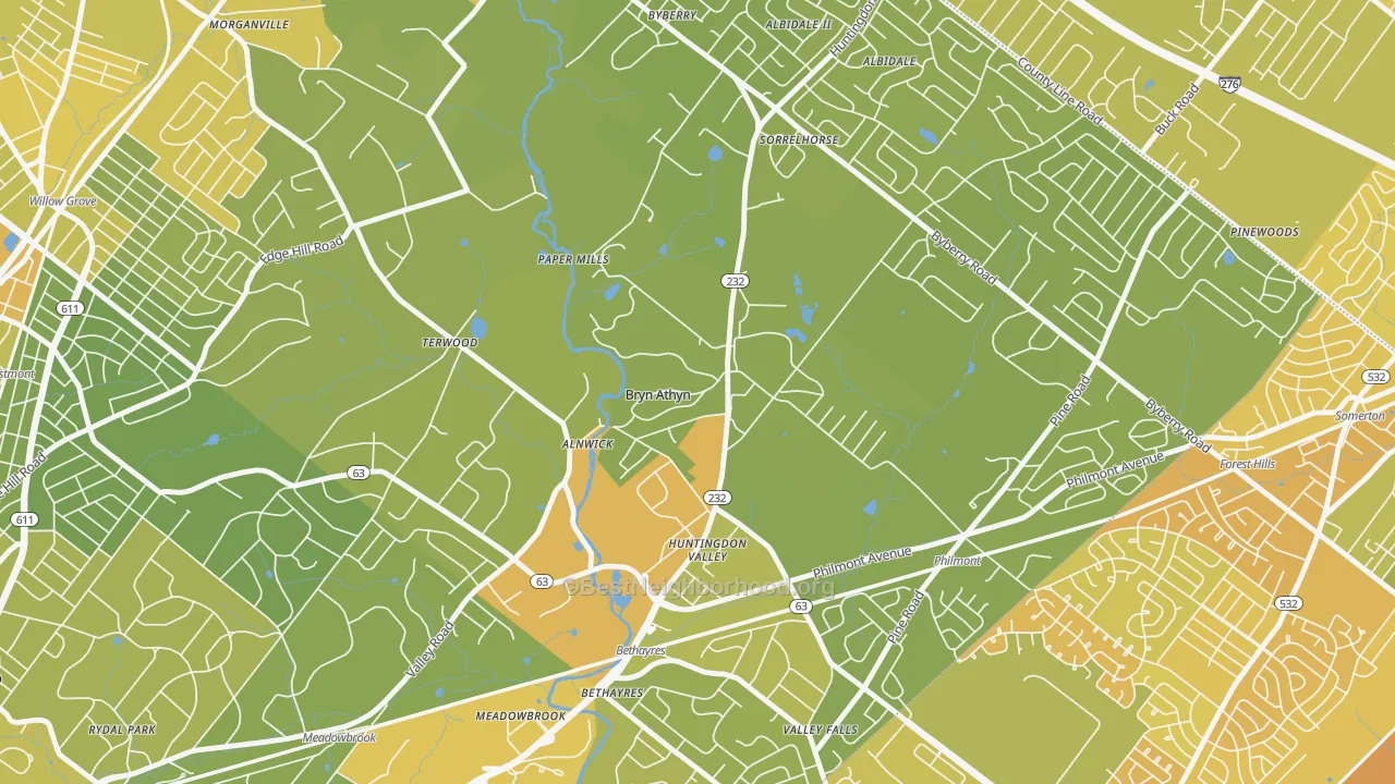 Map of the best neighborhoods in the 19009 area, with better matches in green and worse matches in red