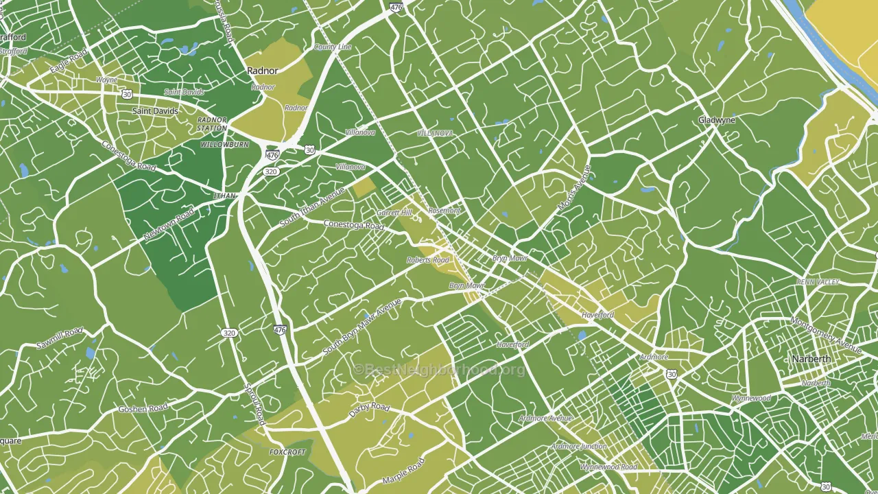 Map of the best neighborhoods in the 19010 area, with better matches in green and worse matches in red