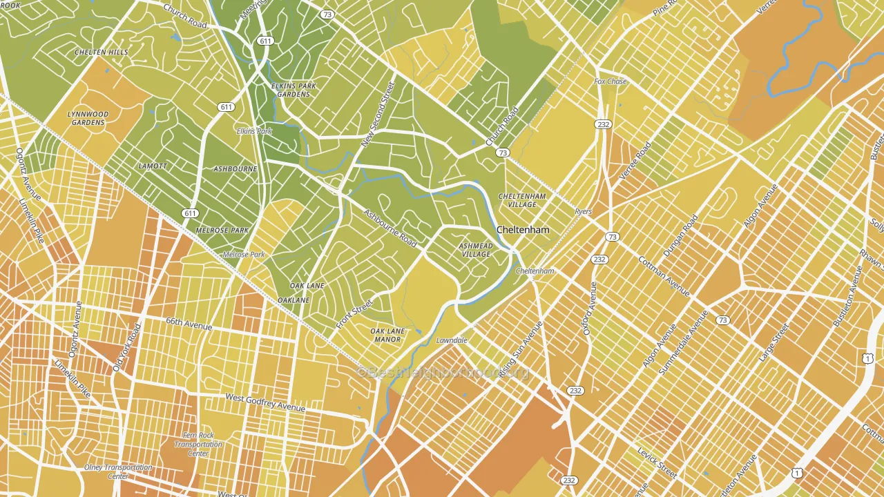 Map of the best neighborhoods in the 19012 area, with better matches in green and worse matches in red