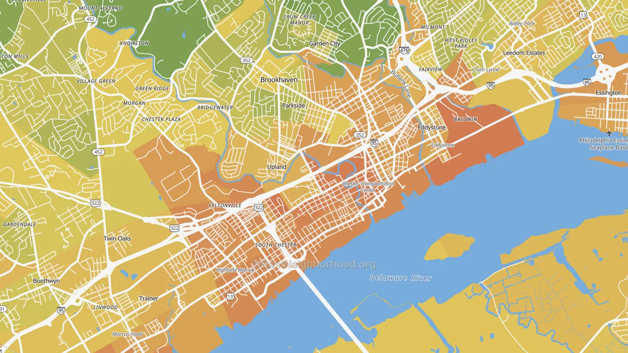 Map of the best neighborhoods in the 19013 area, with better matches in green and worse matches in red