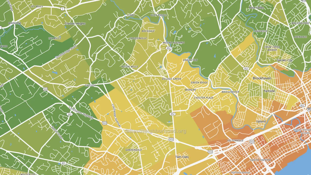 Map of the best neighborhoods in the 19014 area, with better matches in green and worse matches in red