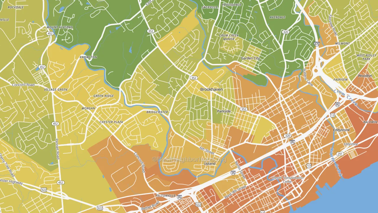 Map of the best neighborhoods in the 19015 area, with better matches in green and worse matches in red