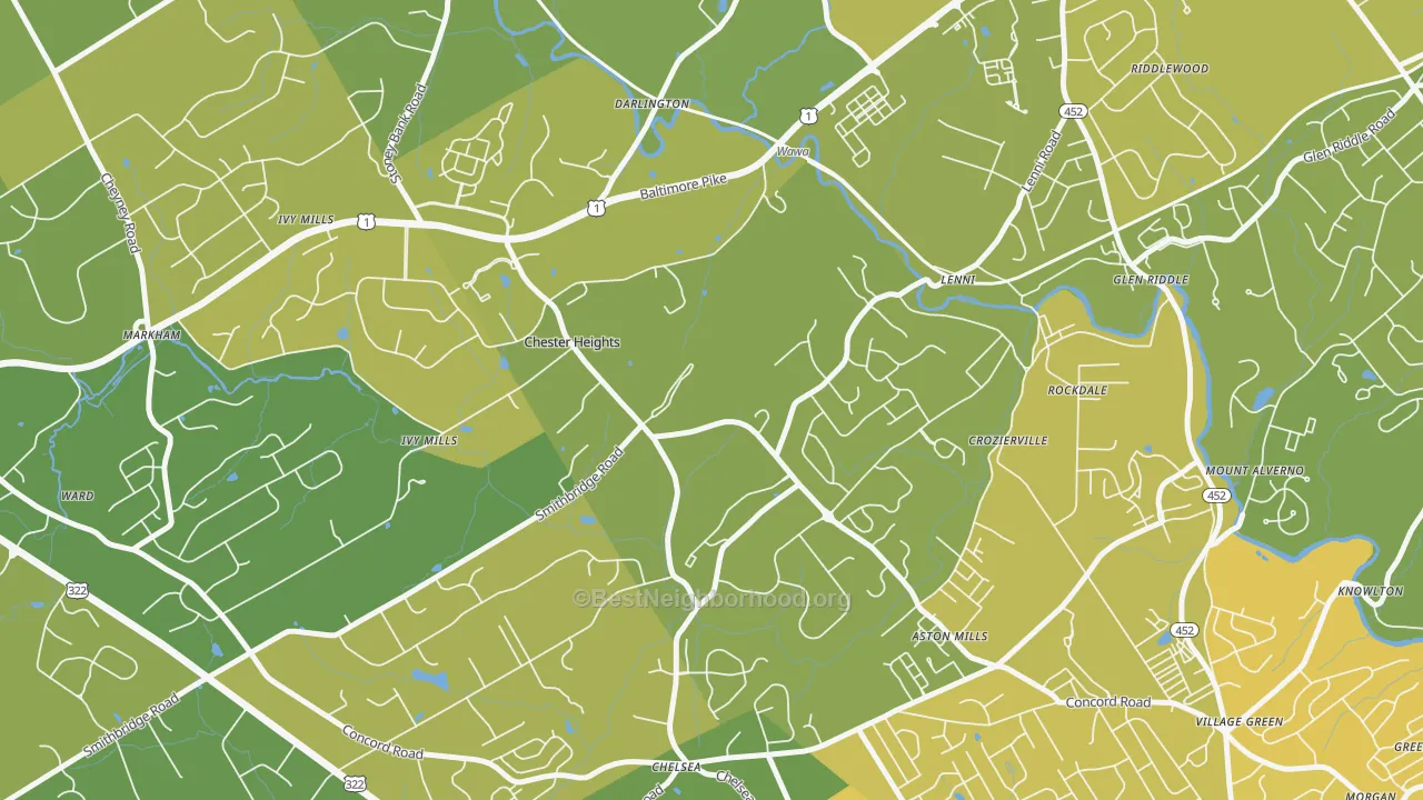 Map of the best neighborhoods in the 19017 area, with better matches in green and worse matches in red