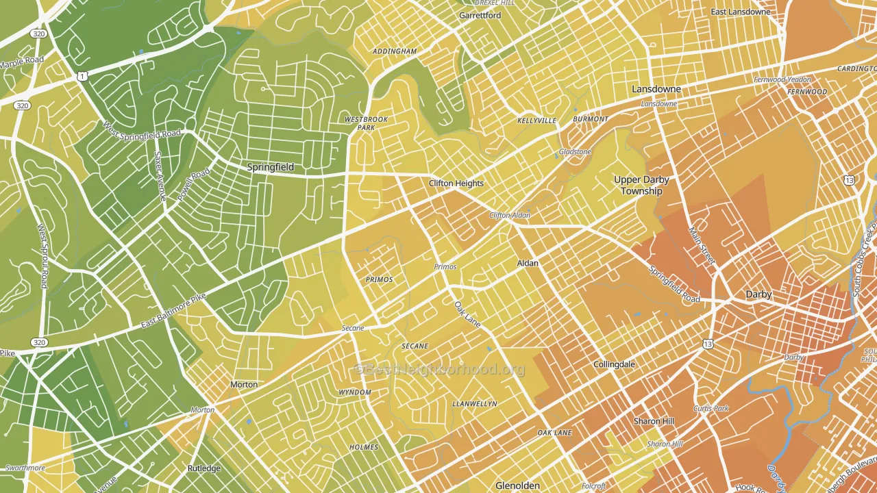 Map of the best neighborhoods in the 19018 area, with better matches in green and worse matches in red