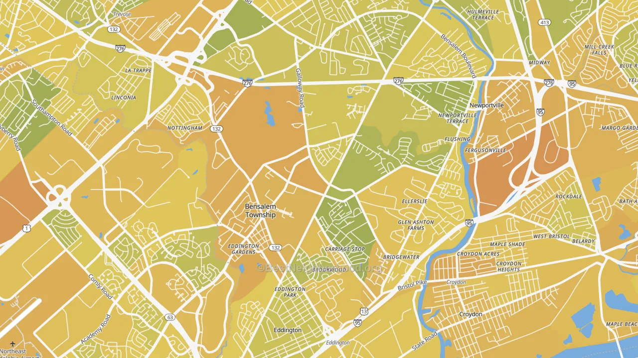 Map of the best neighborhoods in the 19020 area, with better matches in green and worse matches in red