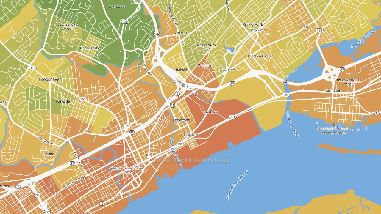 Map of the best neighborhoods in the 19022 area, with better matches in green and worse matches in red