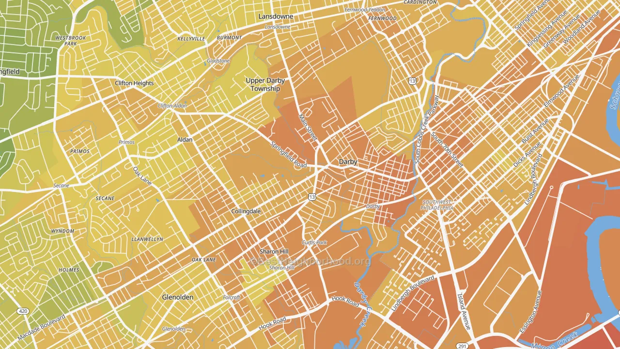 Map of the best neighborhoods in the 19023 area, with better matches in green and worse matches in red