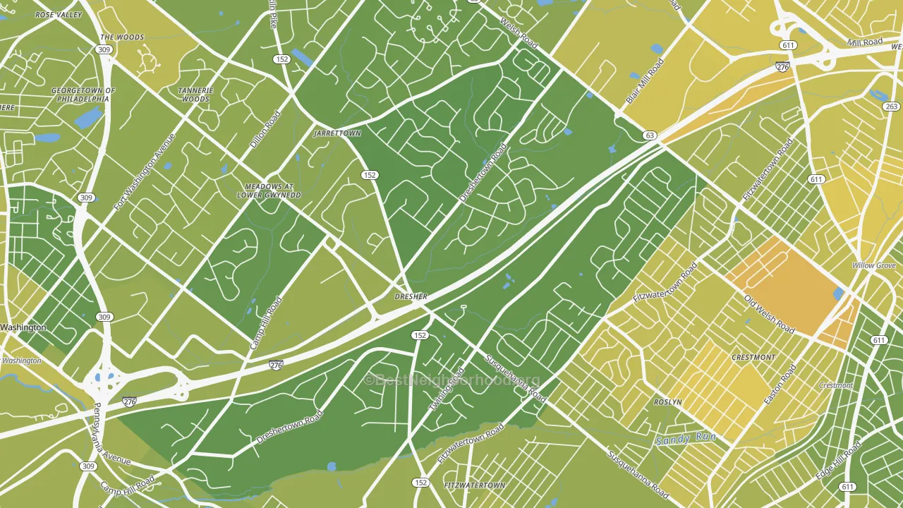 Map of the best neighborhoods in the 19025 area, with better matches in green and worse matches in red
