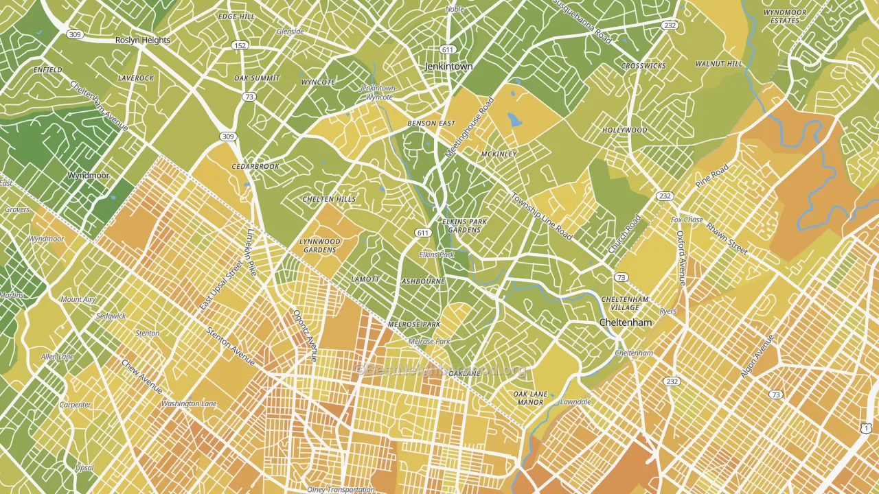 Map of the best neighborhoods in the 19027 area, with better matches in green and worse matches in red