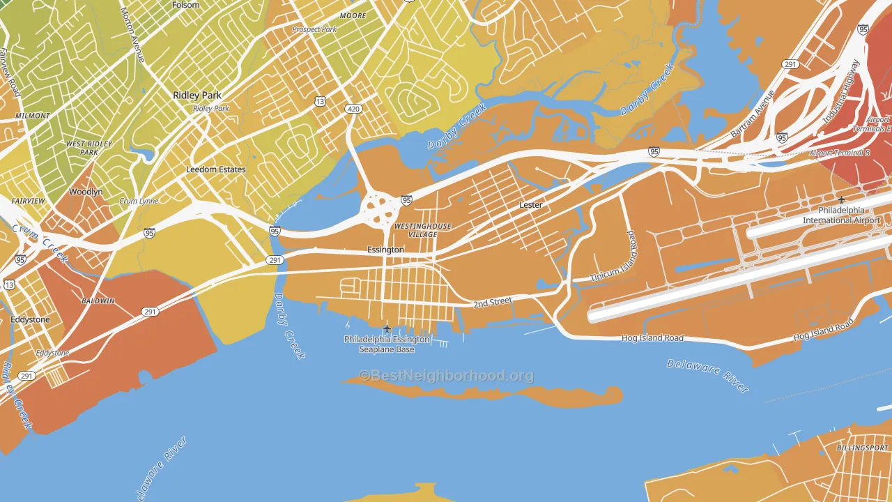 Map of the best neighborhoods in the 19029 area, with better matches in green and worse matches in red
