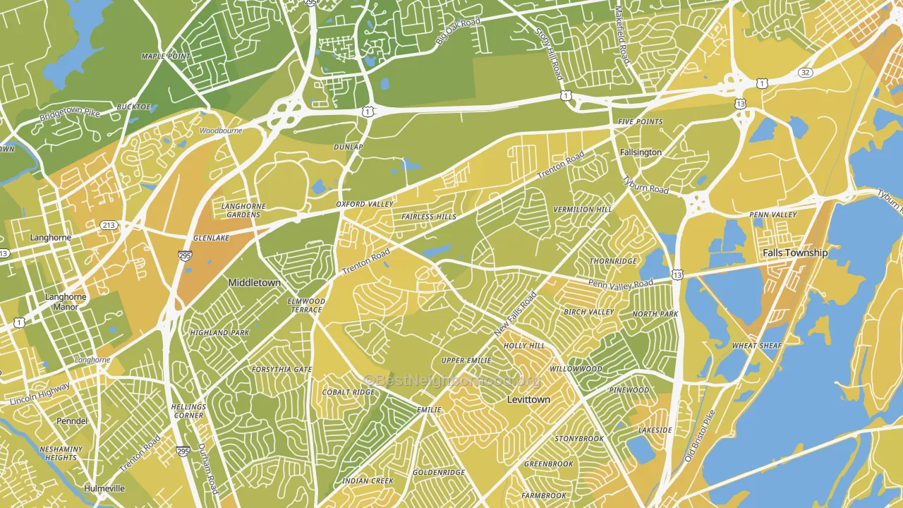 Map of the best neighborhoods in the 19030 area, with better matches in green and worse matches in red