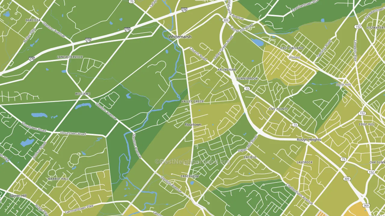 Map of the best neighborhoods in the 19031 area, with better matches in green and worse matches in red