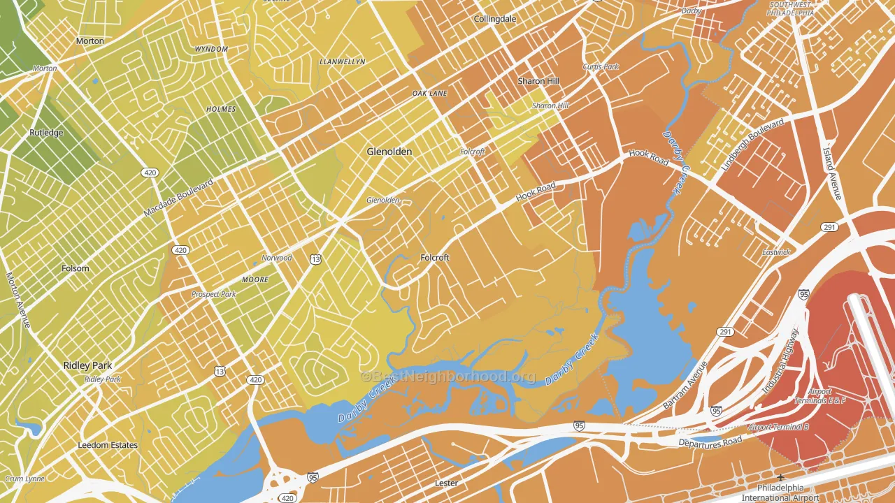 Map of the best neighborhoods in the 19032 area, with better matches in green and worse matches in red