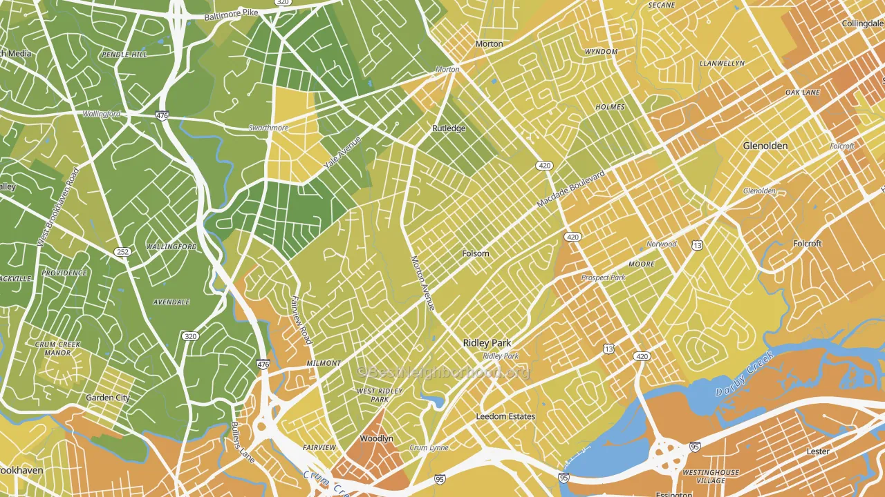 Map of the best neighborhoods in the 19033 area, with better matches in green and worse matches in red