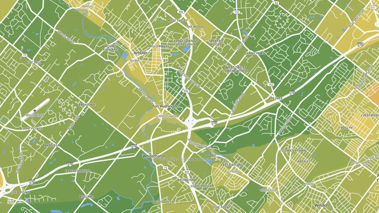 Map of the best neighborhoods in the 19034 area, with better matches in green and worse matches in red