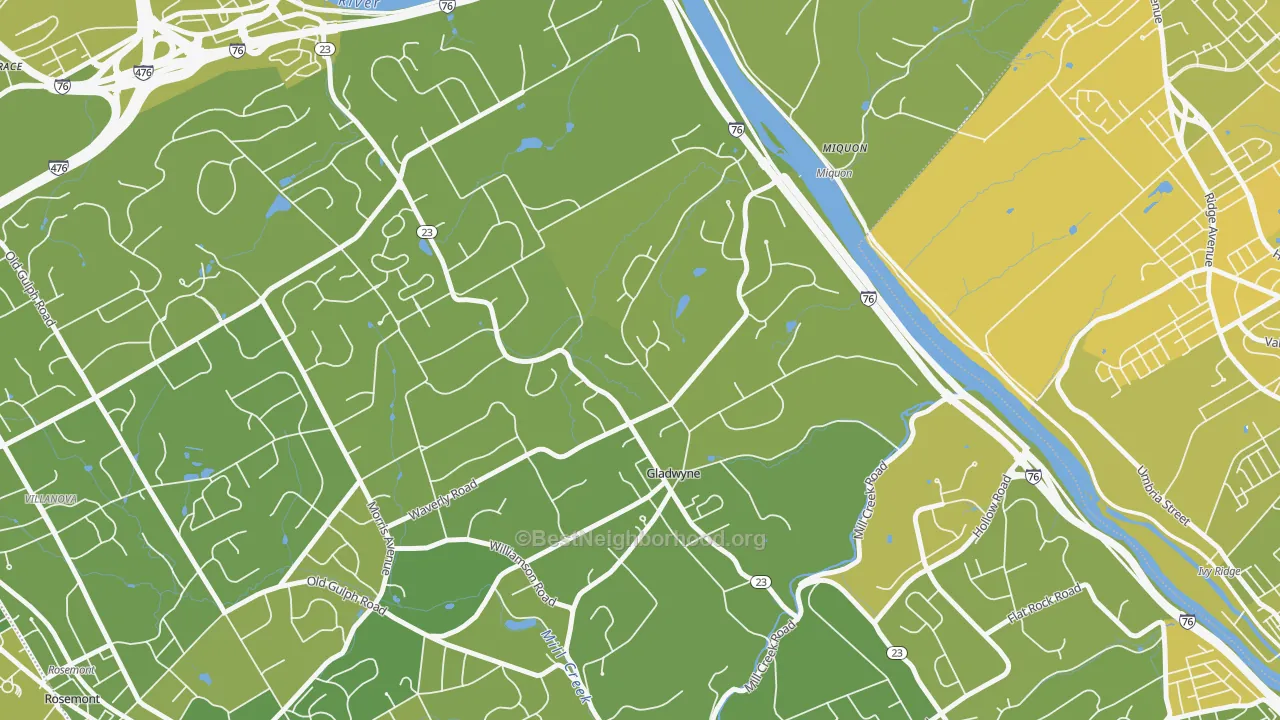 Map of the best neighborhoods in the 19035 area, with better matches in green and worse matches in red