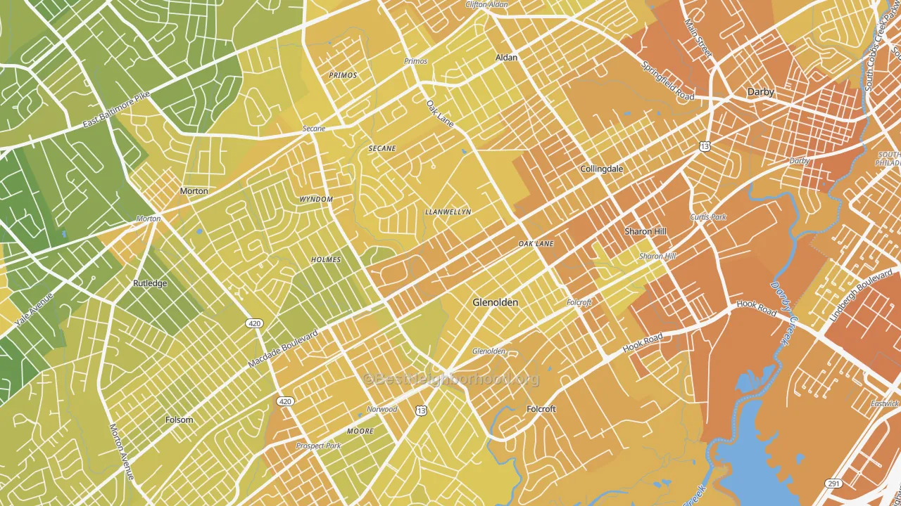 Map of the best neighborhoods in the 19036 area, with better matches in green and worse matches in red