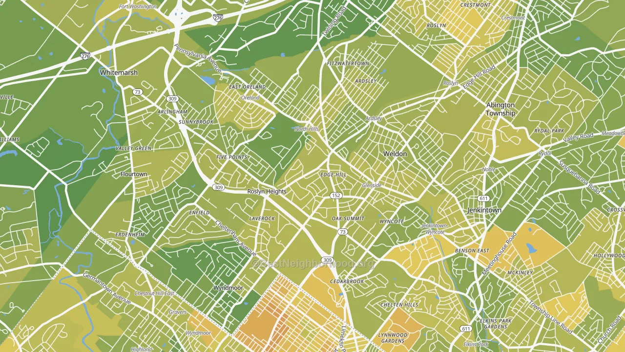 Map of the best neighborhoods in the 19038 area, with better matches in green and worse matches in red