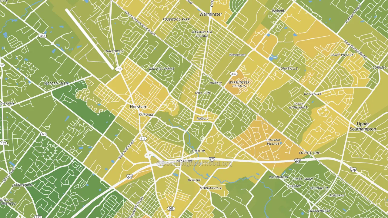 Map of the best neighborhoods in the 19040 area, with better matches in green and worse matches in red